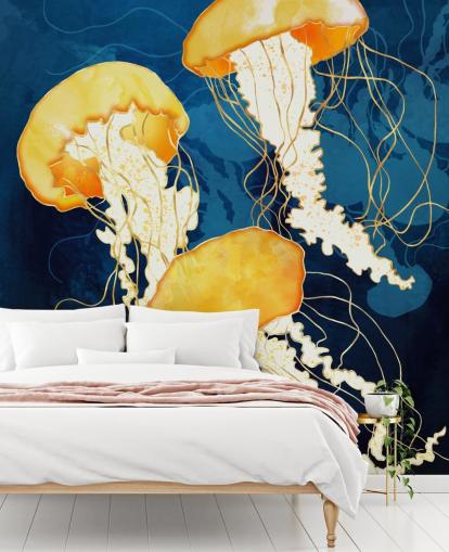 Black and blue background with yellow floating jellyfish wall mural