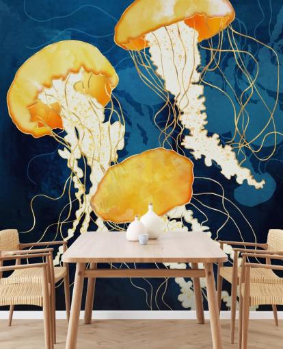 Fundo preto e azul com medusas flutuantes amarelas Fundo preto e azul com medusas flutuantes amarelas