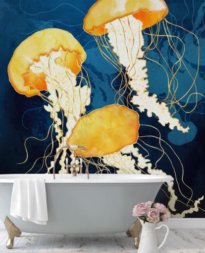 Black and blue background with yellow floating jellyfish Black and blue background with yellow floating jellyfish