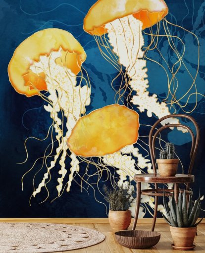 Black and blue background with yellow floating jellyfish Black and blue background with yellow floating jellyfish