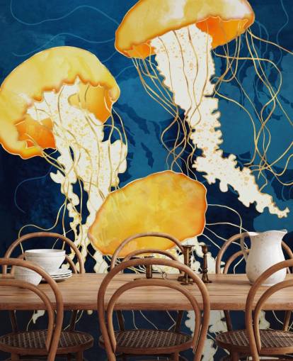 Fondo negro y azul con medusas flotantes amarillas