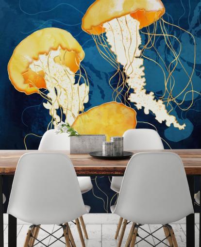 Black and blue background with yellow floating jellyfish