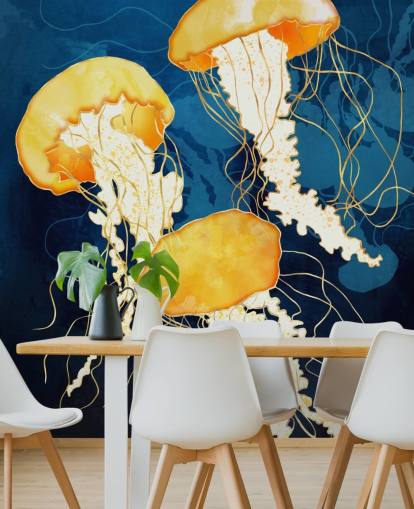 Sfondo nero e blu con meduse galleggianti gialle