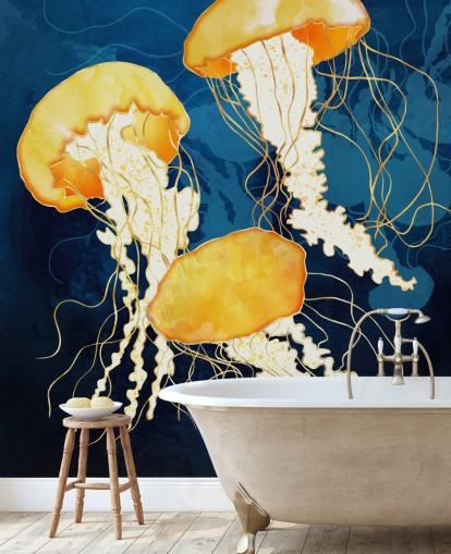 Black and blue background with yellow floating jellyfish