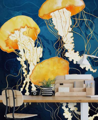 Fundo preto e azul com medusas flutuantes amarelas