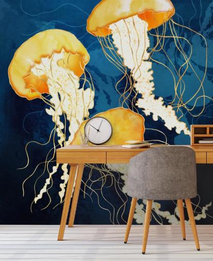 Sfondo nero e blu con meduse galleggianti gialle