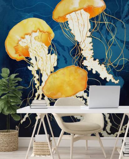 Black and blue background with yellow floating jellyfish