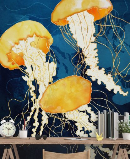 Black and blue background with yellow floating jellyfish