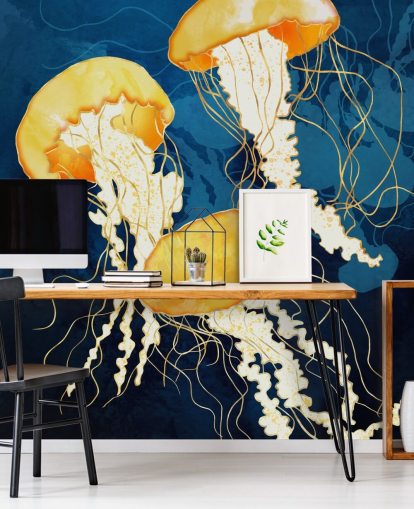 Fundo preto e azul com medusas flutuantes amarelas