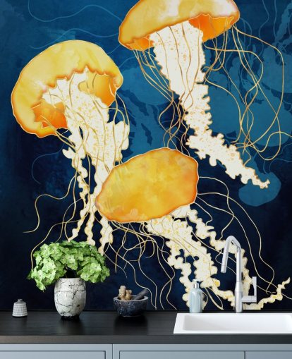 Fondo negro y azul con medusas flotantes amarillas