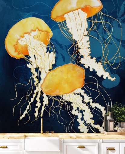 Black and blue background with yellow floating jellyfish Black and blue background with yellow floating jellyfish