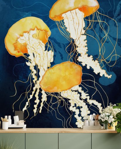 Fundo preto e azul com medusas flutuantes amarelas