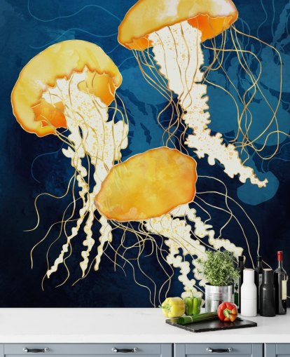 Black and blue background with yellow floating jellyfish Black and blue background with yellow floating jellyfish
