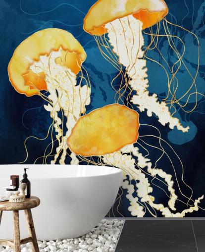 Fondo negro y azul con medusas flotantes amarillas