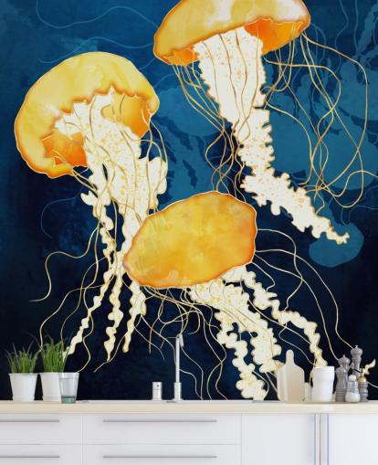 Black and blue background with yellow floating jellyfish