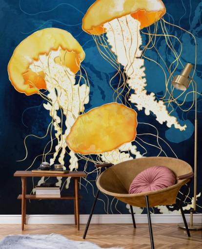Black and blue background with yellow floating jellyfish