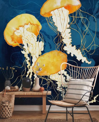 Fondo negro y azul con medusas flotantes amarillas