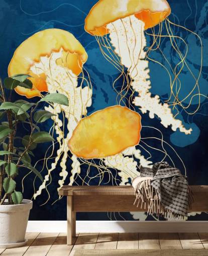 Black and blue background with yellow floating jellyfish wall mural