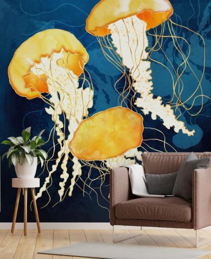 Fondo negro y azul con medusas flotantes amarillas