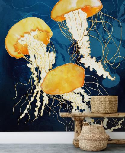 Black and blue background with yellow floating jellyfish