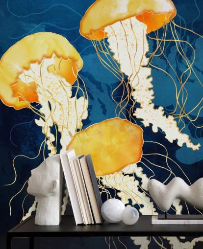 Fondo negro y azul con medusas flotantes amarillas