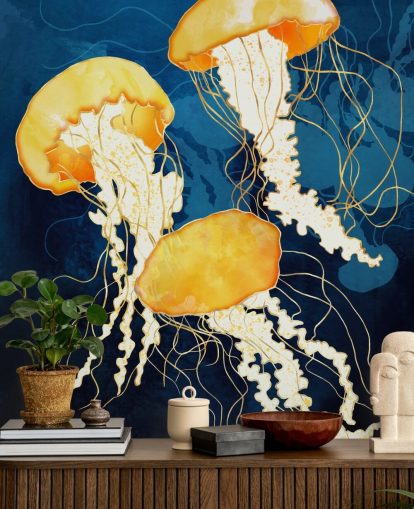 Fundo preto e azul com medusas flutuantes amarelas