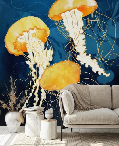 Zwarte en blauwe achtergrond met gele drijvende kwallen Zwarte en blauwe achtergrond met gele drijvende kwallen