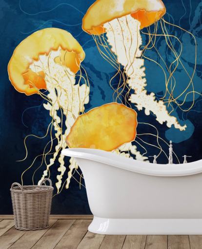 Fundo preto e azul com medusas flutuantes amarelas Fundo preto e azul com medusas flutuantes amarelas