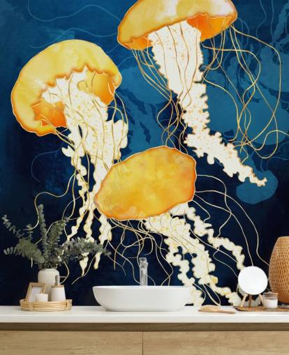 Fundo preto e azul com medusas flutuantes amarelas Fundo preto e azul com medusas flutuantes amarelas