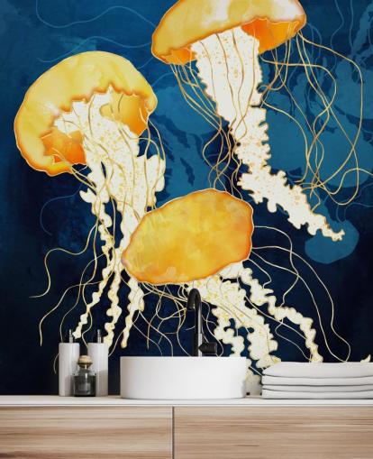 Black and blue background with yellow floating jellyfish wall mural