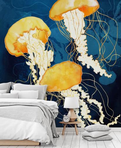 Fundo preto e azul com medusas flutuantes amarelas