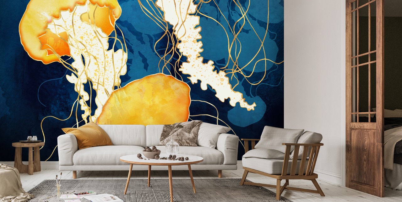 Yellow Metallic Jellyfish Wall Mural Wallsauce US