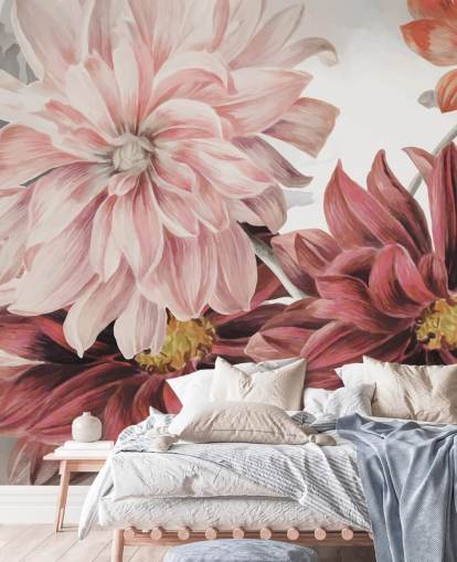 Grandi fiori rossi e rosa su sfondo bianco e grigio Grandi fiori rossi e rosa su sfondo bianco e grigio