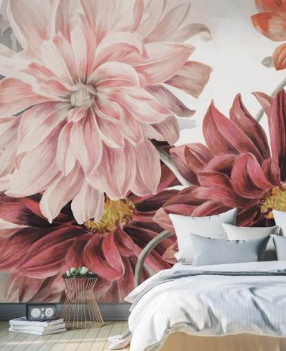 Grandes fleurs rouges et roses sur fond blanc et gris