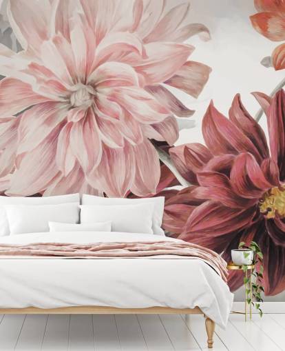 Grandes flores vermelhas e rosa em um fundo branco e cinza