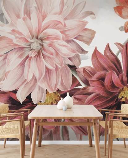 Store røde og rosa blomster på hvit og grå bakgrunn Store røde og rosa blomster på hvit og grå bakgrunn