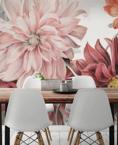 Large red and pink flowers on a white and grey background