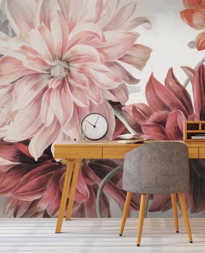 Large red and pink flowers on a white and grey background