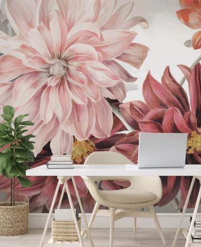 Large red and pink flowers on a white and grey background