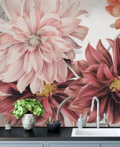 Large red and pink flowers on a white and grey background