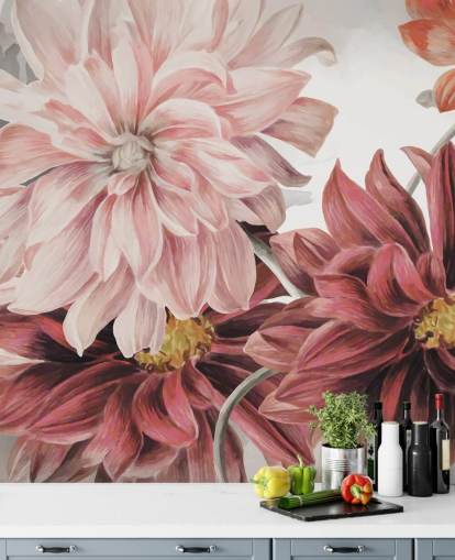 Grandes flores rojas y rosadas sobre fondo blanco y gris Grandes flores rojas y rosadas sobre fondo blanco y gris