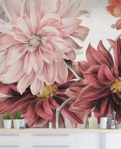 Large red and pink flowers on a white and gray background