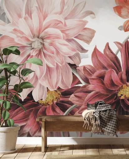 Grandi fiori rossi e rosa su sfondo bianco e grigio