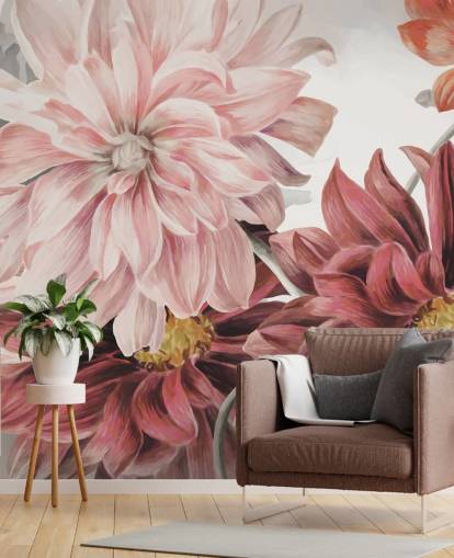 Large red and pink flowers on a white and grey background