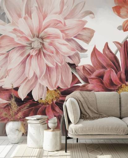 Large red and pink flowers on a white and grey background