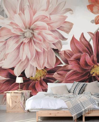 Large red and pink flowers on a white and grey background