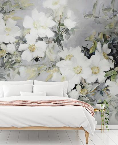 Fundo cinza com flores brancas e folhas verdes suaves Fundo cinza com flores brancas e folhas verdes suaves