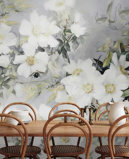 Fundo cinza com flores brancas e folhas verdes suaves