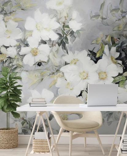 Fundo cinza com flores brancas e folhas verdes suaves