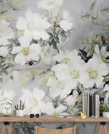 Fondo gris con flores blancas y hojas verdes apagadas Fondo gris con flores blancas y hojas verdes apagadas